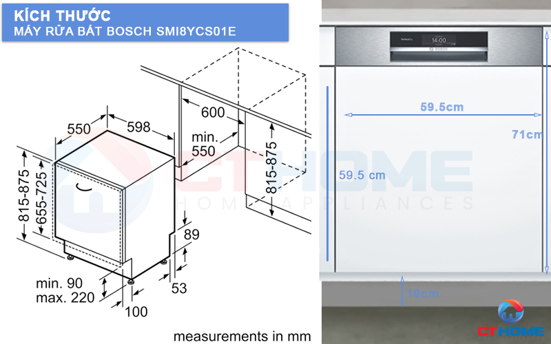 Kích thước máy rửa bán Bosch bán âm SMI8YCS01E và tấm ốp gỗ