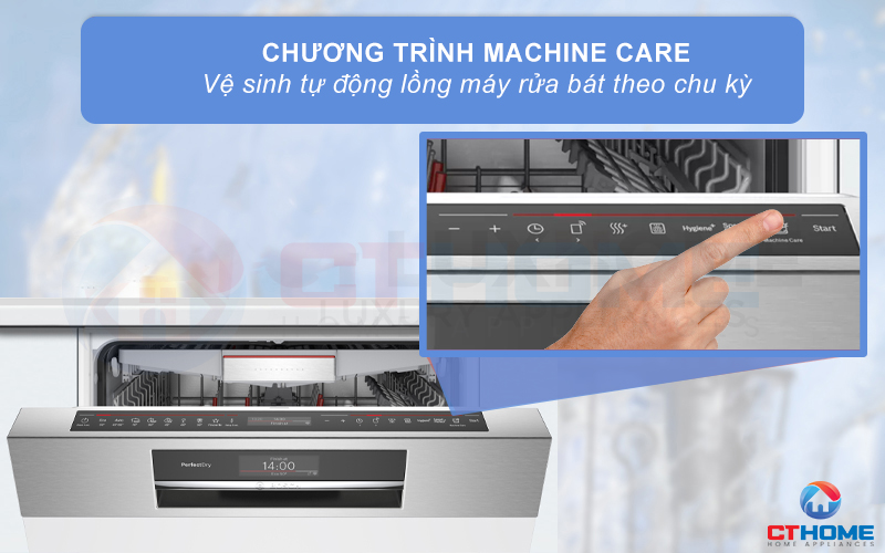 Tính năng Machine Care sẽ tự động vệ sinh máy rửa bát Bosch SMI8YCS01E.