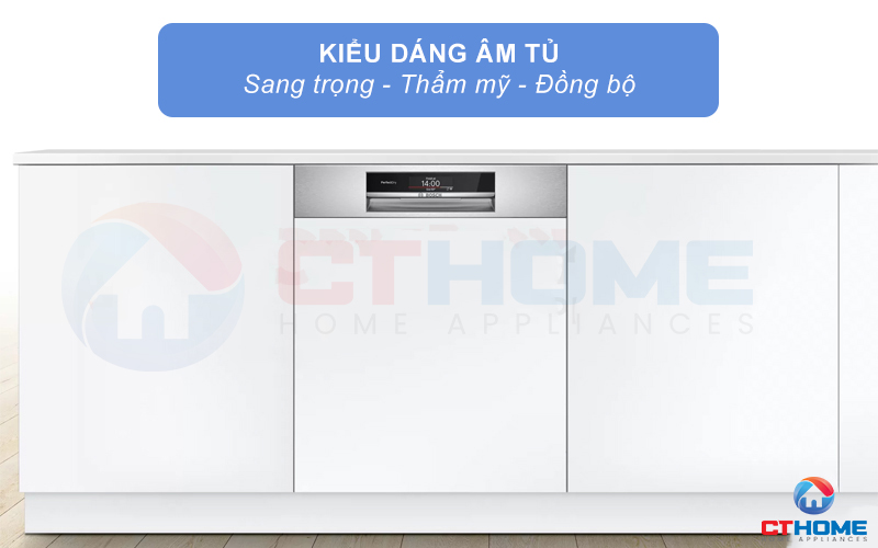 Kiểu dáng âm tủ của máy rửa bát Bosch serie 8 SMI8YCS01E mang đến sự sang trọng, thẩm mỹ.