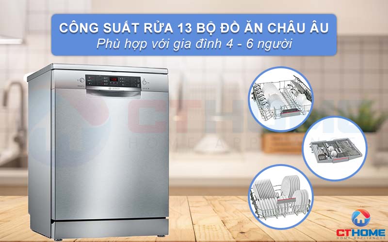 Máy rửa chén Bosch SMS46KI01E Serie 4 có thể rửa tối đa 13 bộ đồ ăn châu  u