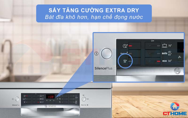 Tính năng sấy tăng cường ExtraDry giúp bát đĩa khô nhanh, hạn chế đọng nước