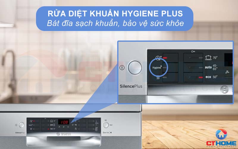 Chức năng Hygiene Plus trên máy rửa bát Bosch SMS46KI01E Serie 4 mang lại hiệu quả diệt khuẩn tối đa