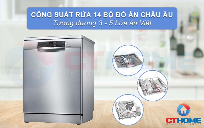 Công suất rửa có thể đạt tối đa 14 bộ đồ ăn Châu Âu