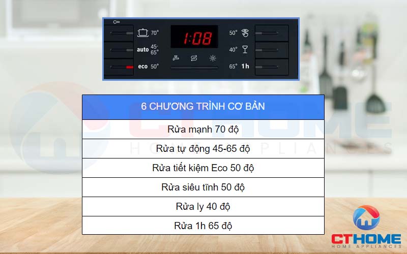 6 chương trình rửa cơ bản trên Máy rửa bát Bosch SMS46MI07E Serie 4