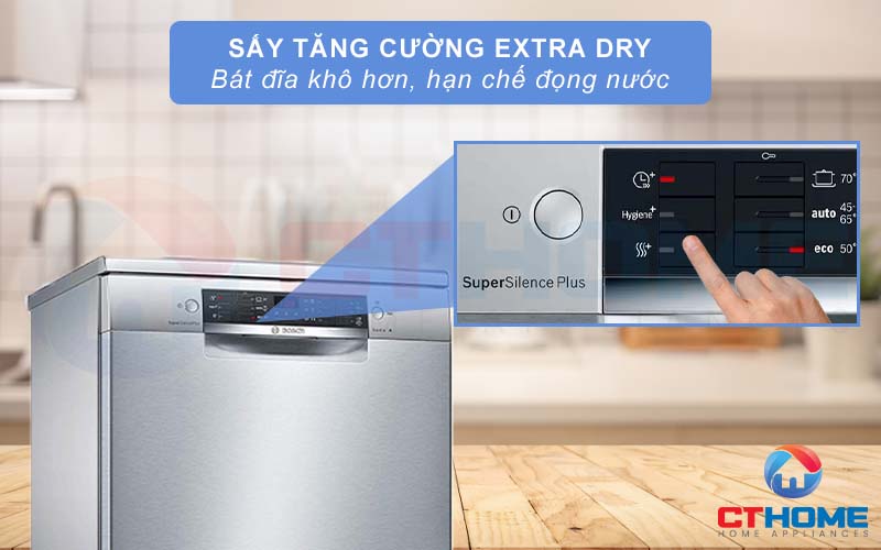 Sấy tăng cường Extra Dry giúp bát đĩa khô hiệu quả, tiết kiệm điện hơn