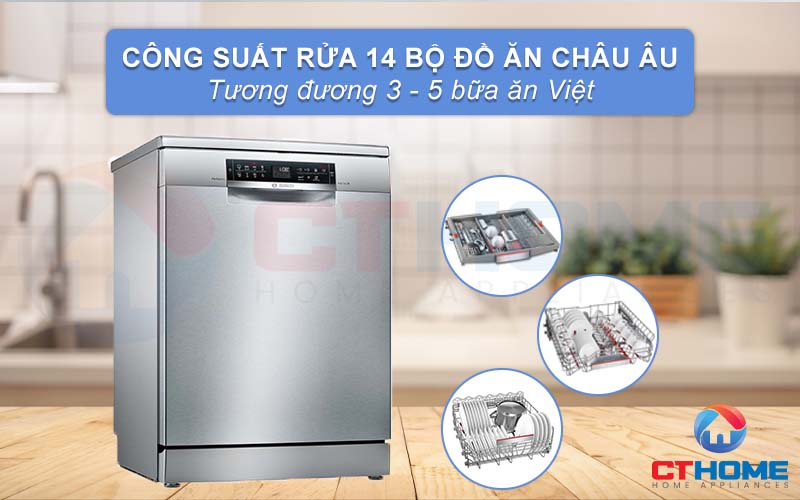 Công suất rửa của máy rửa bát Bosch SMS68MI04E Serie 6 có thể đạt tối đa 14 bộ đồ ăn