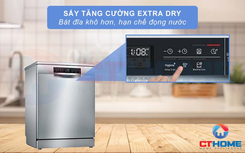 Sấy tăng cường Extra Dry cho bát đĩa khô hơn, hạn chế đốm trắng