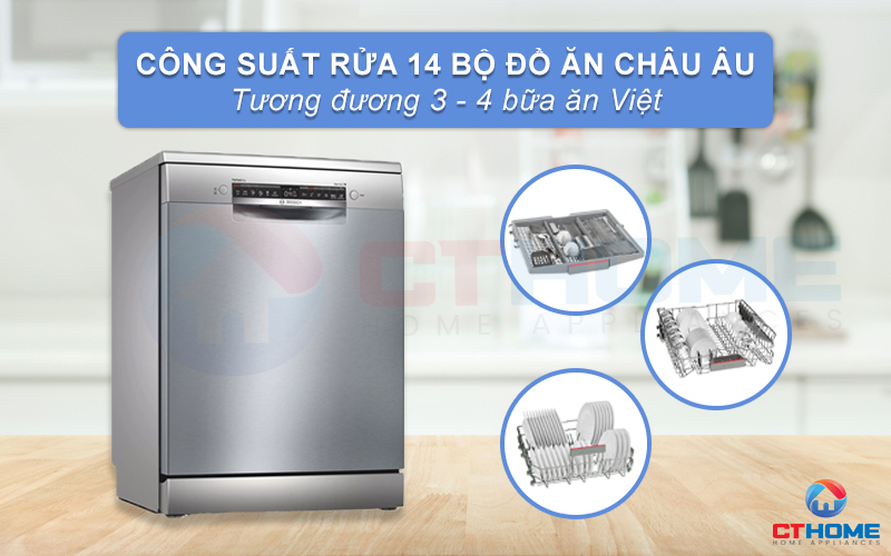 Dung tích chứa lớn, công suất rửa 14 bộ phù hợp gia đình 4 - 6 người