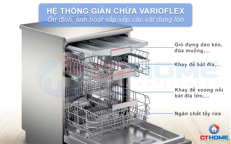 Máy rửa bát Bosch được thiết kế hệ thống Flex Basket 3 giàn linh hoạt giúp máy có thể rửa với công suất lớn