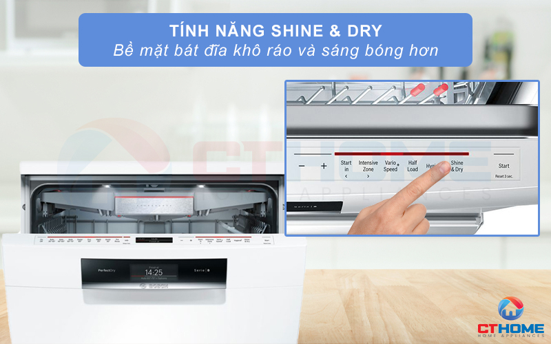 Tính năng Shine & Dry giúp bát đĩa khô ráo và sáng bóng hơn.