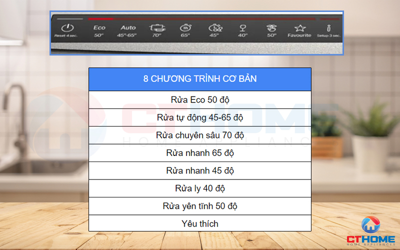 Tùy chọn đa dạng với 8 chương trình rửa cơ bản