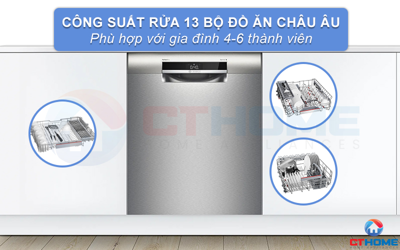 Công suất rửa tối đa của máy rửa chén Bosch SMU6ZDI76S có thể đạt đến 13 bộ đồ ăn