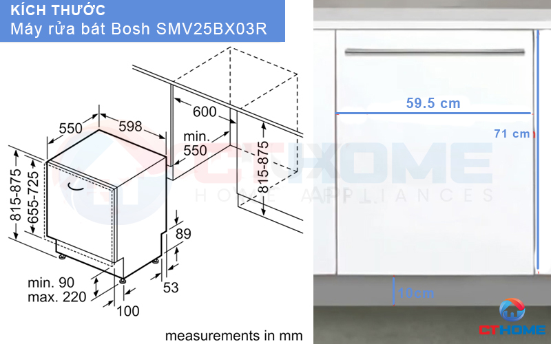 Kích thước máy rửa chén Bosch âm tủ SMV25BX03R và tấm ốp gỗ