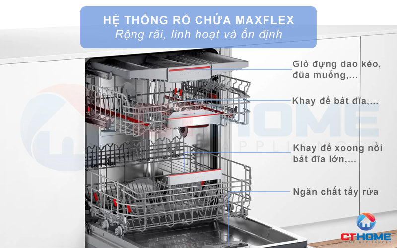 Giàn rửa MaxFlex thiết kế thông minh có thể chứa những đồ có kích thước khác nhau