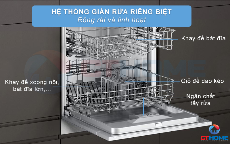 Trang bị 2 giàn rửa linh hoạt đựng xoong nồi bát đĩa cùng giỏ nhỏ chứa đũa muỗng