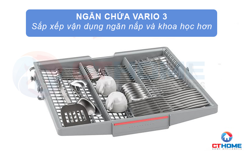 Ngăn rửa thứ 3 Vario hỗ trợ phân loại đồ cần rửa và tăng diện tích chứa đồ cho máy rửa bát Bosch SMV4EVX10E serie 4