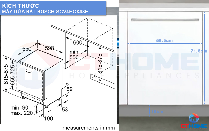 Kích thước của máy rửa bát SGV4HCX48E và tấm ốp gỗ