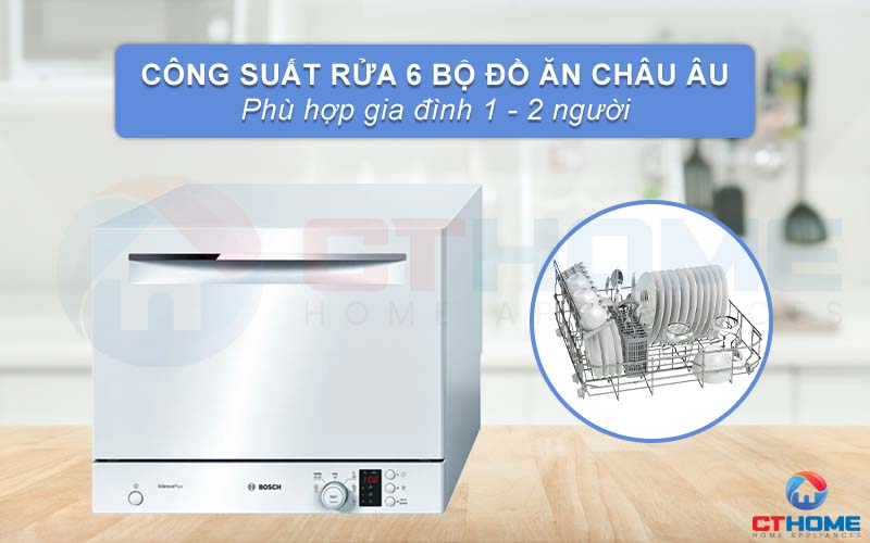 Máy rửa bát để bàn Bosch SKS62E22EU Serie 4 có thể rửa tối đa 6 bộ bát đĩa