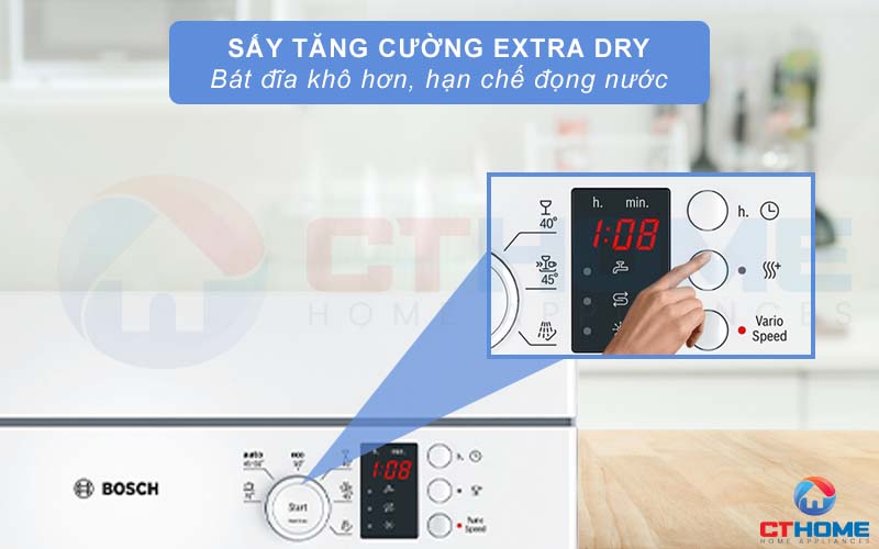 Tính năng sấy tăng cường Extra Dry trên máy rửa chén mini Bosch SKS62E22EU