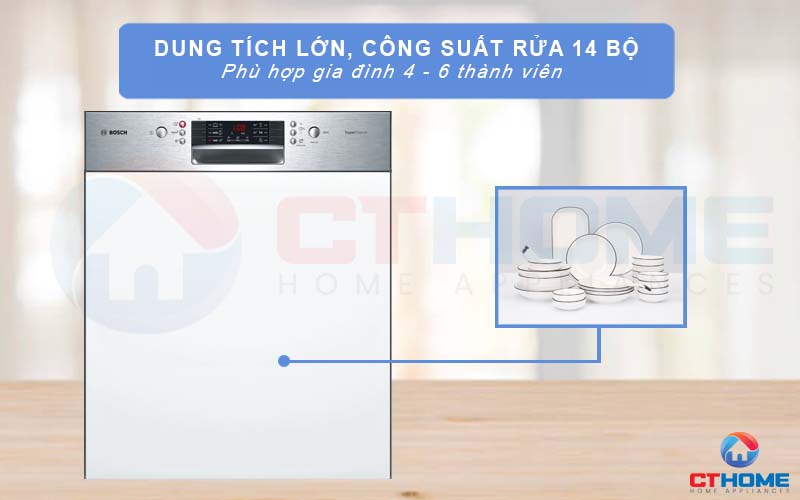 Máy rửa bát Bosch SMI46MS03E với dung tích lớn phù hợp với gia đình 4-6 thành viên