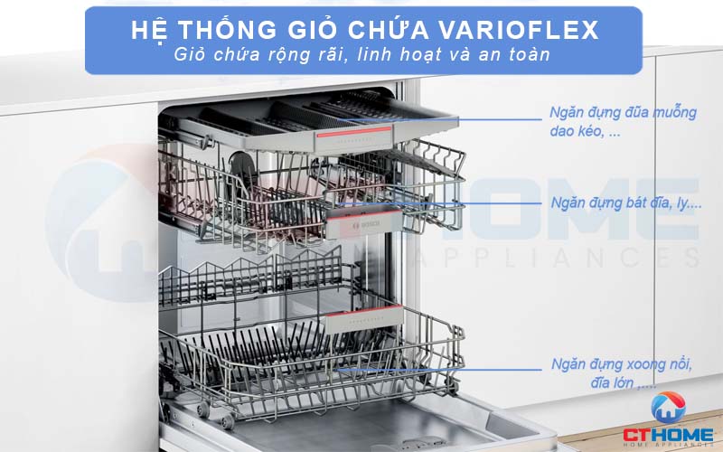 Hệ thống giỏ chứa VarioFlex với dung tích lớn giúp sắp xếp bát đĩa linh hoạt và khoa học hơn