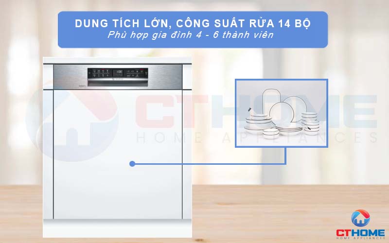 Máy rửa bát Bosch SMI68MS04E có dung tích lớn, công suất rửa 14 bộ đồ ăn châu Âu