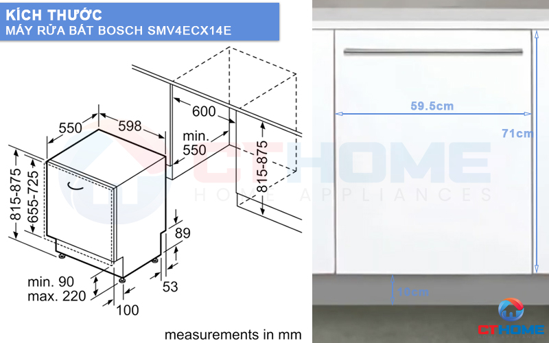 Kích thước máy rửa bát Bosch SMV4ECX14E và tấm ốp gỗ