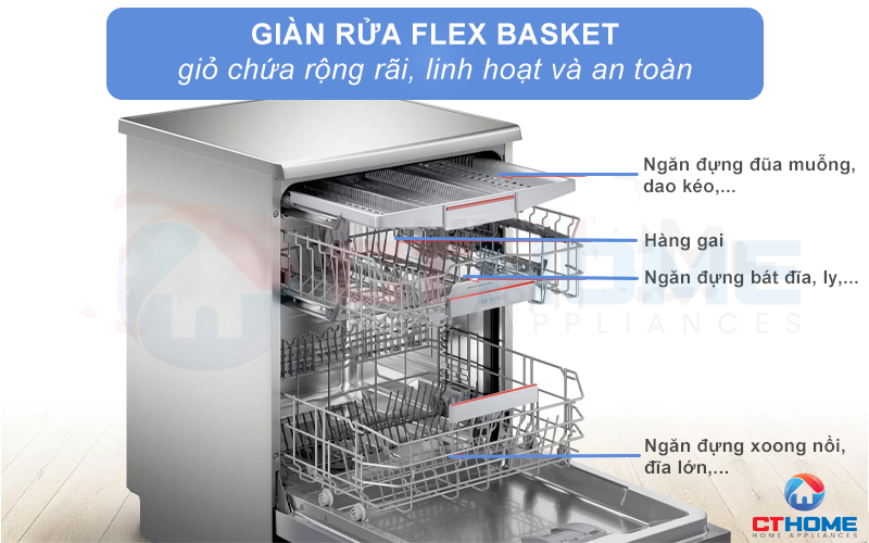 Hệ thống giàn rửa Flex Basket rộng rãi và ổn định, thuận tiện xếp bát đĩa vào máy.