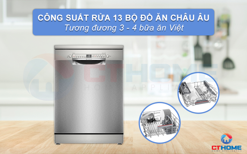 Công suất rửa của máy rửa bát Bosch SMS2HAI12E tối đa là 13 bộ