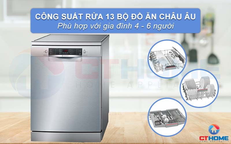 Máy rửa chén Bosch SMS46KI04E Serie 4 có thể rửa tối đa 13 bộ đồ ăn châu Âu