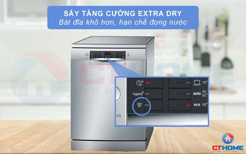 Tính năng sấy tăng cường ExtraDry giúp bát đĩa khô nhanh, hạn chế đọng nước