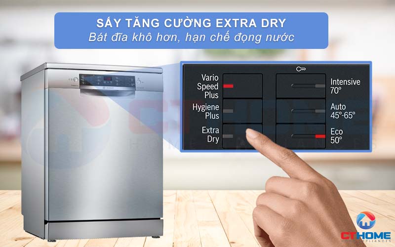 Sấy khô tăng cường Extra Dry giúp bát đĩa khô hơn, hạn chế đọng nước