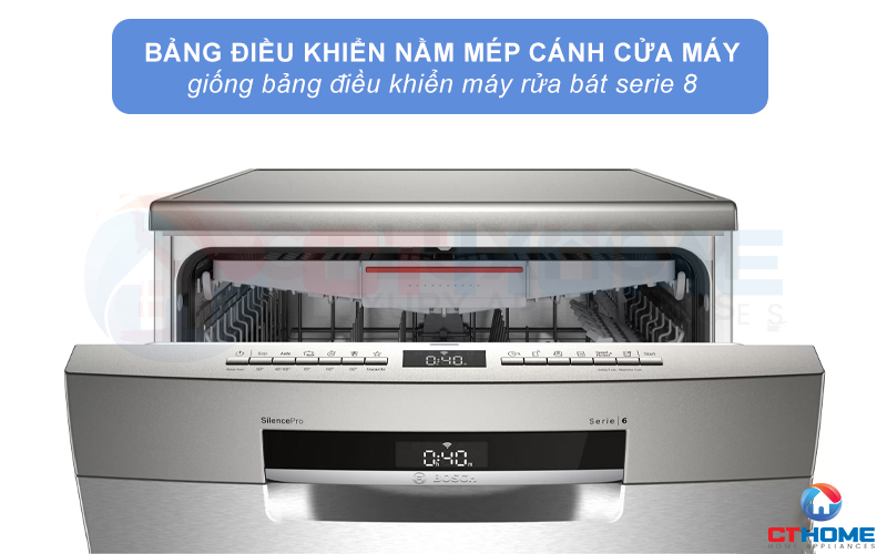 Bảng điều khiển nằm mép cánh máy rửa bát Bosch serie 6 SMS6ECI07E.