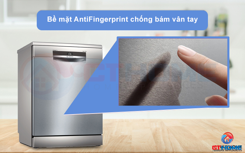 Lớp chất liệu AntiFingerprint hạn chế bám vân tay lên máy rửa chén Bosch SMS6ECI07E.