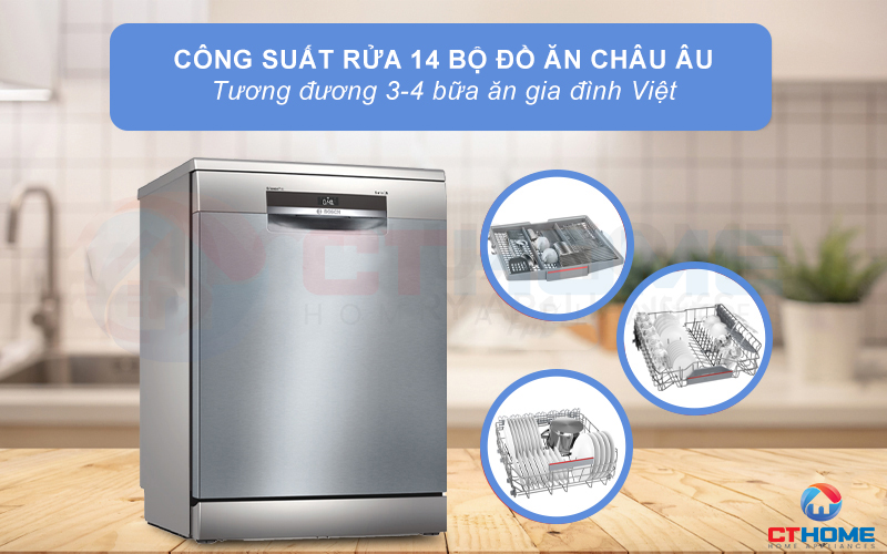 Máy rửa chén Bosch SMS6ECI07E có thể rửa tối đa lên đến 14 bộ đồ ăn châu Âu.