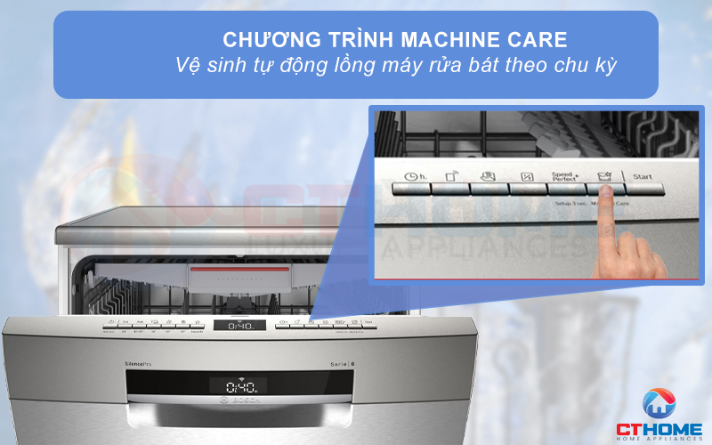 Lựa chọn tính năng Machine Care khi cần tự động vệ sinh máy rửa bát Bosch SMS6ECI07E.