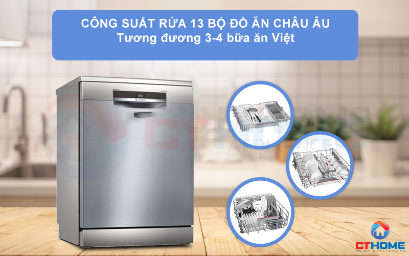 Máy rửa chén serie 6 Bosch SMS6EDI06E có thể rửa tối đa 13 bộ đồ ăn.