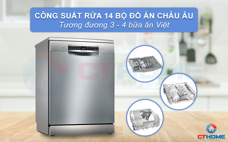 Máy rửa bát Bosch SMS6ZCI14E serie 6 có thể rửa tối đa 14 bộ đồ ăn châu Âu