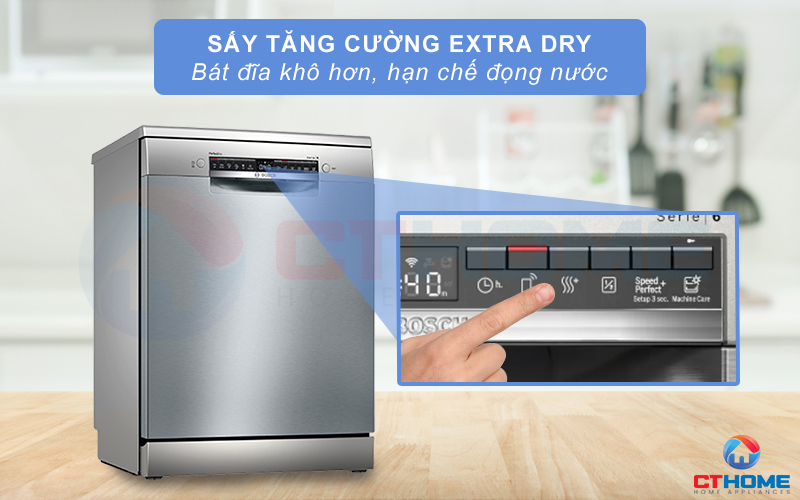 Bát đĩa khô hơn khi kích hoạt tính năng sấy tăng cường Extra Dry