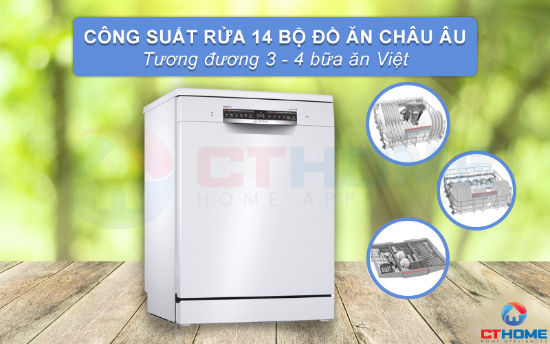 Máy rửa chén Bosch SMS6ZCW00E có thể rửa tối đa 14 bộ đồ ăn châu Âu