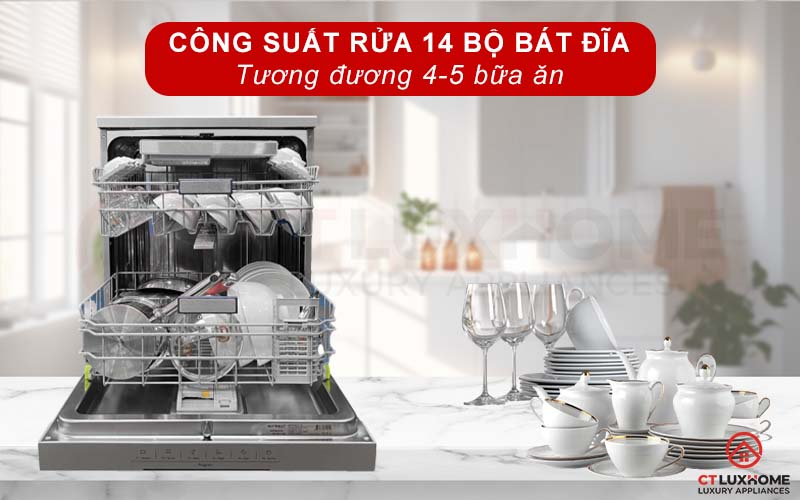 Dung tích chứa lớn, công suất rửa 14 bộ đồ ăn phục vụ gia đình 4-5 người