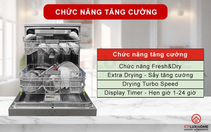 Tích hợp 4 chức năng tăng cường giúp quá trình rửa hiệu quả hơn