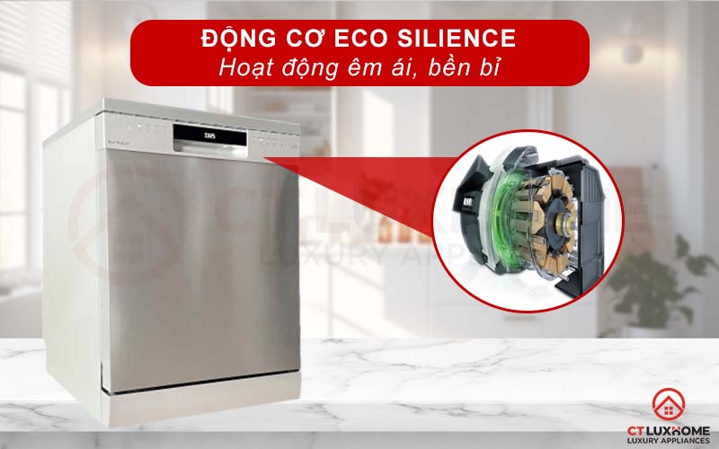 Độ ồn của máy rửa bát Eurosun SMS78EU12ES ở mức 45dB nhờ động cơ EcoSilence Drive.
