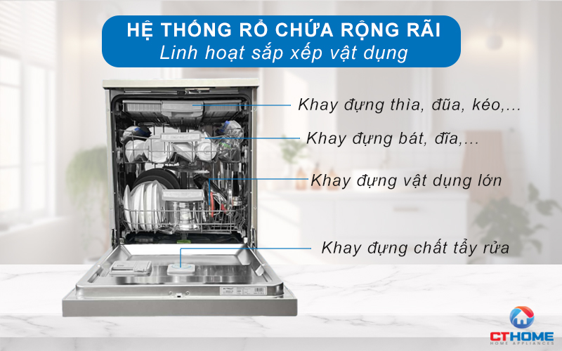 Hệ thống giàn chứa rộng rãi, linh hoạt sắp xếp các vật dụng lớn