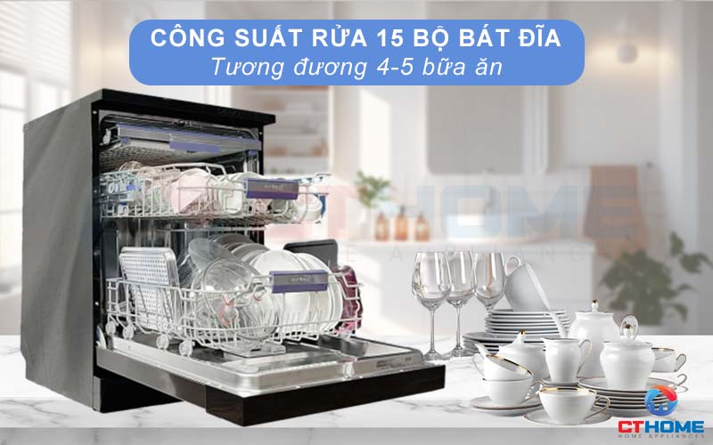 Dung tích chứa lớn, công suất rửa 15 bộ đồ ăn phục vụ gia đình 4-5 người