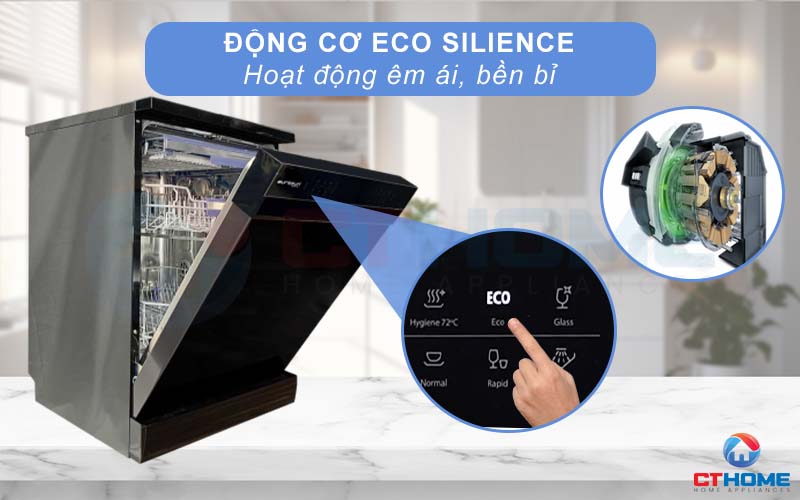 Độ ồn của máy rửa bát Eurosun SMS81EU19EB ở mức 42dB nhờ động cơ EcoSilence Drive.