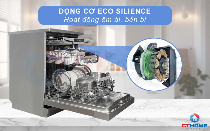 Độ ồn của máy rửa bát Eurosun SMS81EU19ES ở mức 42dB nhờ động cơ EcoSilence Drive.
