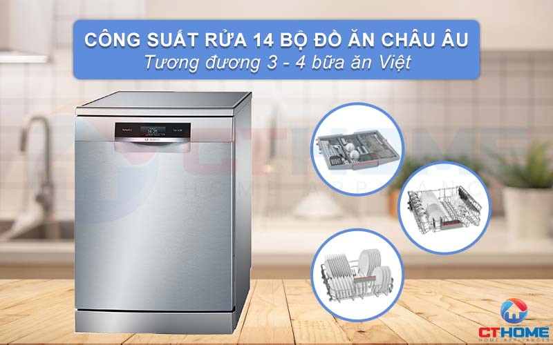 Máy rửa chén Bosch SMS88TI36E có thể rửa tối đa 13 bộ đồ ăn châu Âu