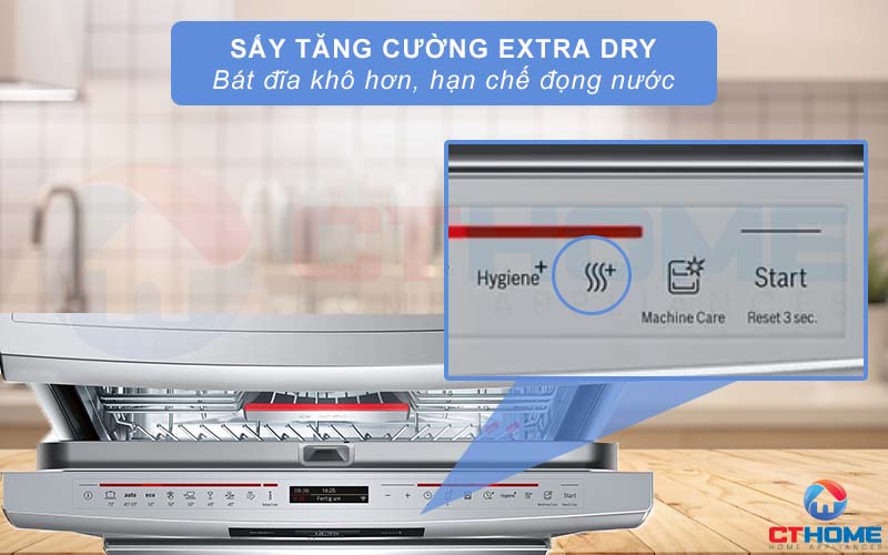 Tính năng sấy tăng cường ExtraDry giúp bát đĩa khô nhanh, hạn chế đọng nước