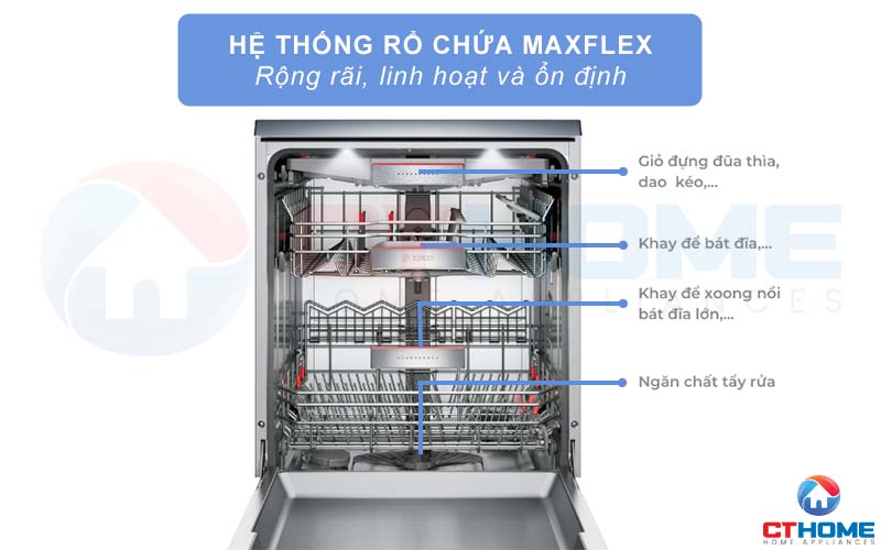 Hệ thống giỏ chứa MaxFlex giúp không gian bên trong máy rộng rãi hơn